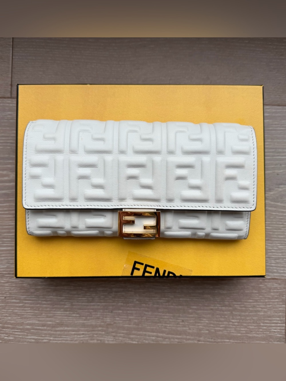 Fendi White Zucca Embossed Leather Baguette Continental Wallet with Dust Bag